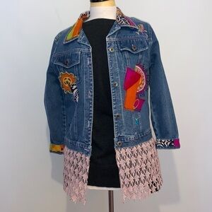 Denim Jacket Lace Beaded Vintage Upcycle